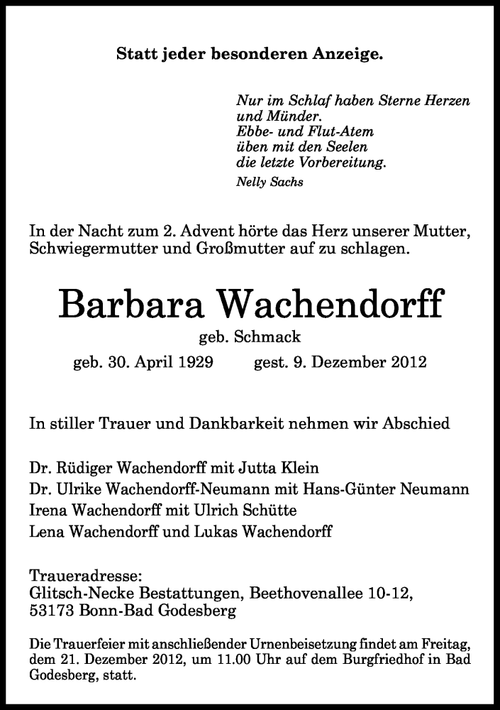  Traueranzeige für Barbara Wachendorff vom 15.12.2012 aus General-Anzeiger Bonn