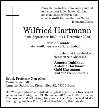 Anzeige von Wilfried Hartmann von General-Anzeiger Bonn