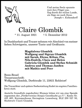 Anzeige von Claire Glombik Glombik von General-Anzeiger Bonn