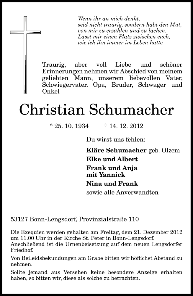  Traueranzeige für Christian Schumacher vom 19.12.2012 aus General-Anzeiger Bonn
