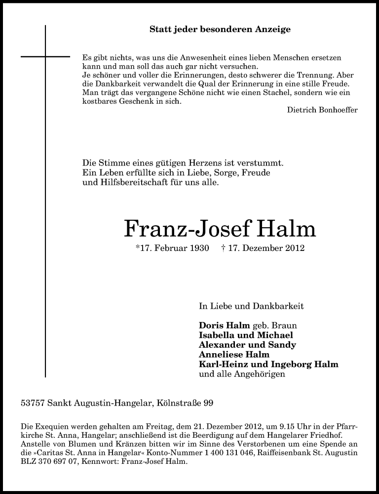  Traueranzeige für Franz-Josef Halm vom 18.12.2012 aus General-Anzeiger Bonn