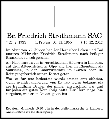 Anzeige von Friedrich Strothmann von General-Anzeiger Bonn
