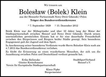 Anzeige von Boleslaw Klein von General-Anzeiger Bonn