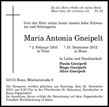 Anzeige von Maria Antonia Gneipelt von General-Anzeiger Bonn