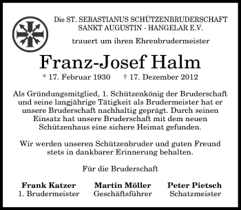 Anzeige von Franz-Josef Halm von General-Anzeiger Bonn