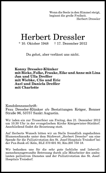 Anzeige von Herbert Dressler von General-Anzeiger Bonn