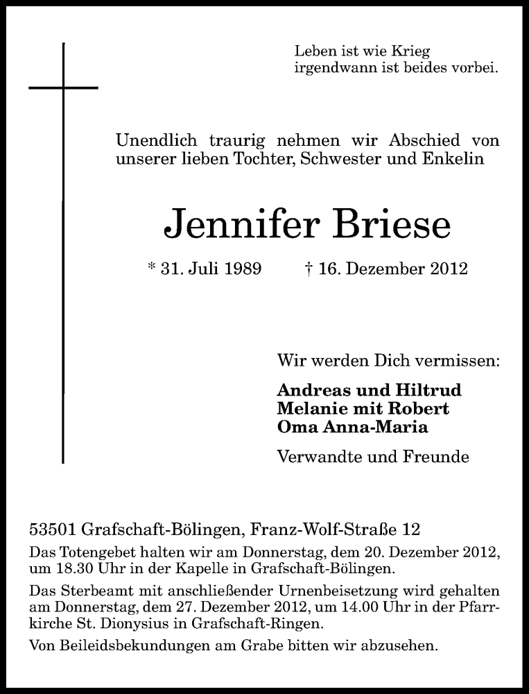  Traueranzeige für Jennifer Briese vom 19.12.2012 aus General-Anzeiger Bonn