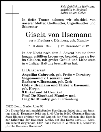 Anzeige von Gisela  von Ilsemann von General-Anzeiger Bonn