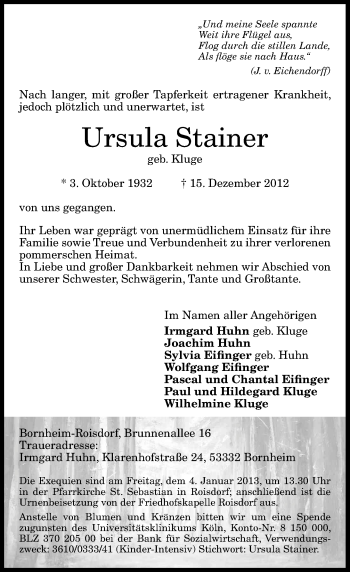 Anzeige von Ursula Stainer von General-Anzeiger Bonn