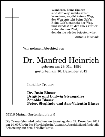 Anzeige von Manfred Heinrich von General-Anzeiger Bonn