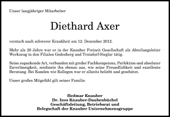 Anzeige von Diethard Axer von General-Anzeiger Bonn