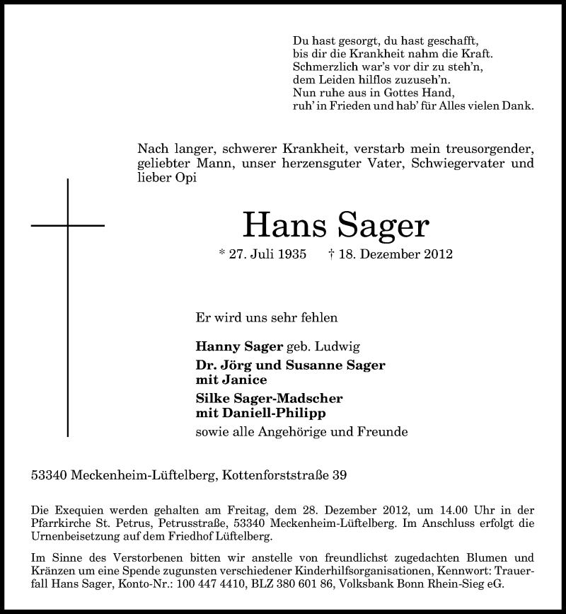  Traueranzeige für Hans Sager vom 22.12.2012 aus General-Anzeiger Bonn
