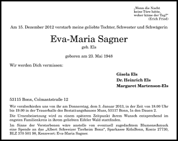 Anzeige von Eva-Maria Sagner von General-Anzeiger Bonn