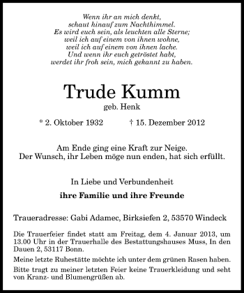 Anzeige von Trude Kumm von General-Anzeiger Bonn