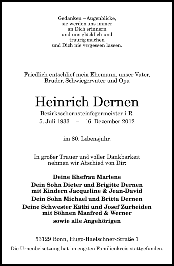 Anzeige von Heinrich Dernen von General-Anzeiger Bonn