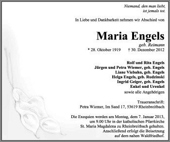 Anzeige von Maria Engels von General-Anzeiger Bonn