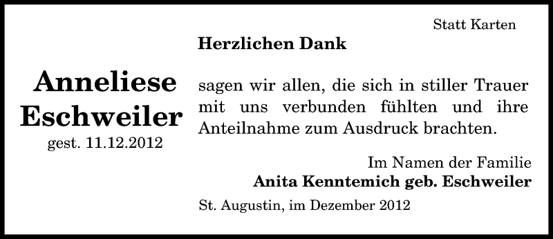  Traueranzeige für Anneliese Eschweiler vom 05.01.2013 aus General-Anzeiger Bonn