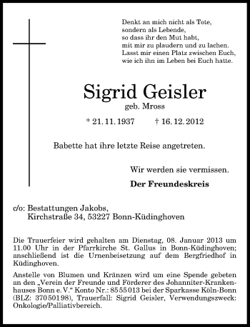 Anzeige von Sigrid Geisler von General-Anzeiger Bonn