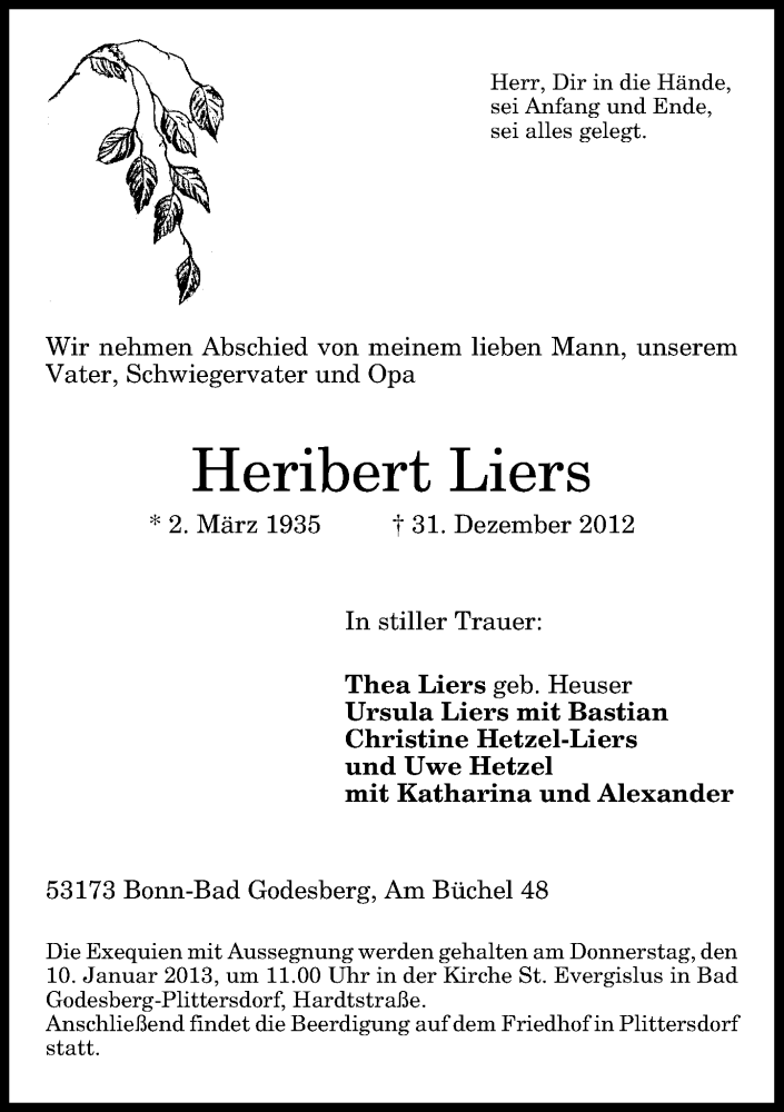  Traueranzeige für Heribert Liers vom 05.01.2013 aus General-Anzeiger Bonn