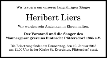 Anzeige von Heribert Liers von General-Anzeiger Bonn