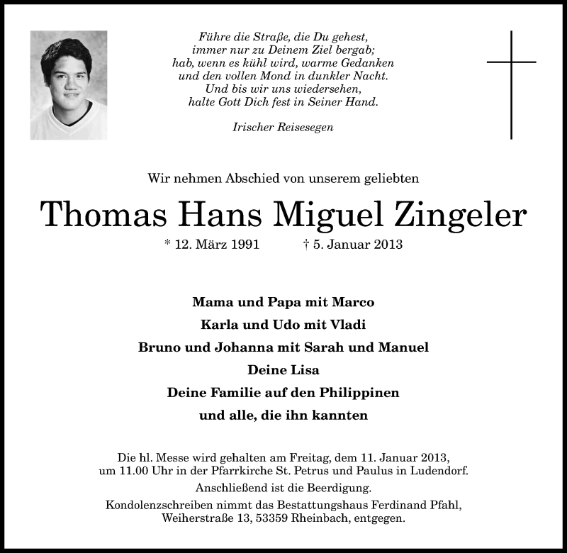  Traueranzeige für Thomas Hans Miguel Zingeler vom 09.01.2013 aus General-Anzeiger Bonn
