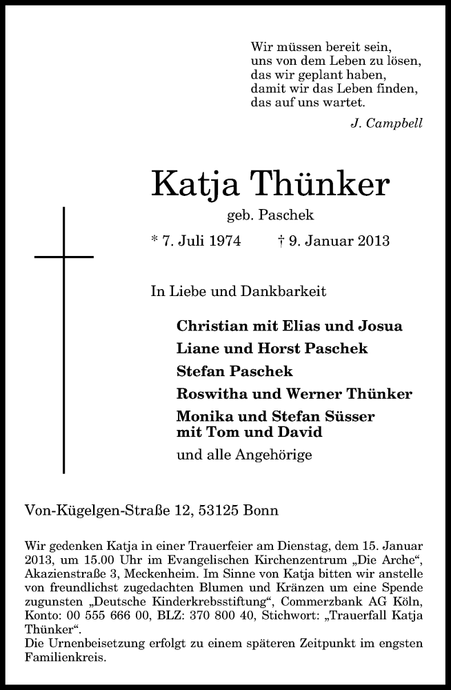  Traueranzeige für Katja Thünker vom 12.01.2013 aus General-Anzeiger Bonn