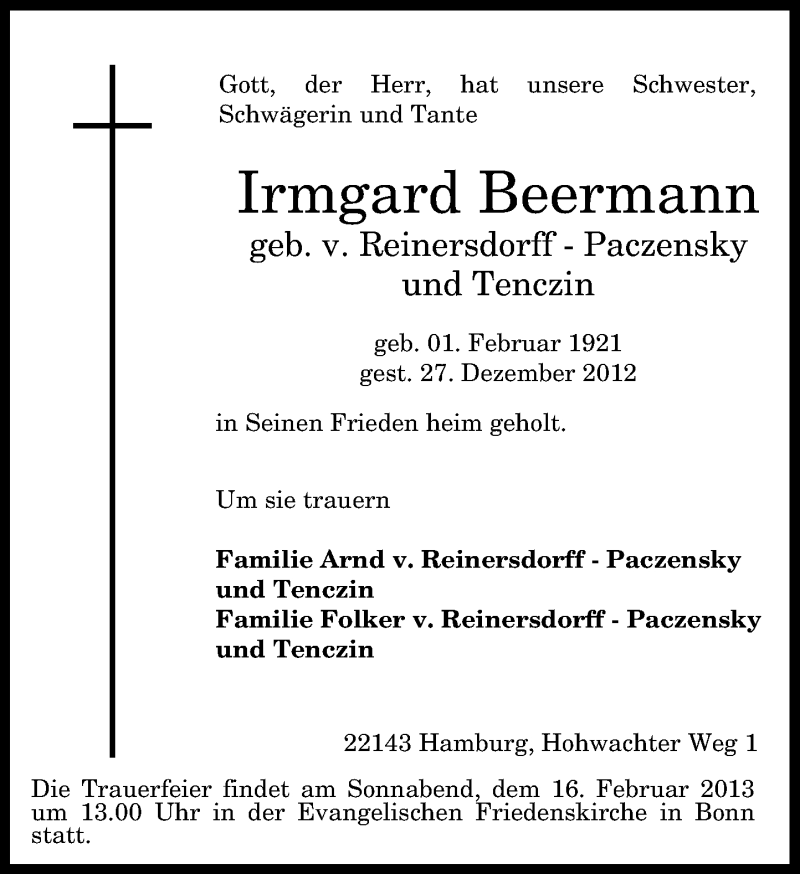  Traueranzeige für Irmgard Beermann vom 19.01.2013 aus General-Anzeiger Bonn