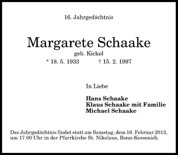 Anzeige von Margarete Schaake von General-Anzeiger Bonn