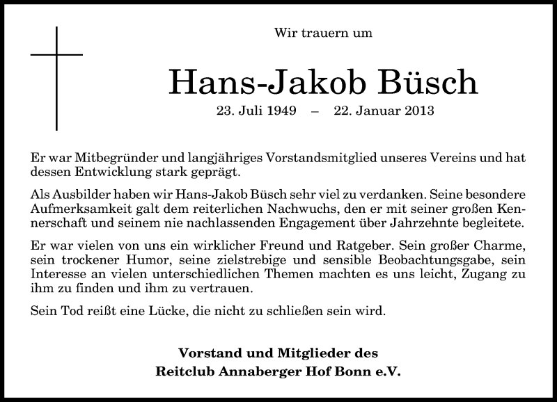  Traueranzeige für Hans-Jakob Büsch vom 26.01.2013 aus General-Anzeiger Bonn
