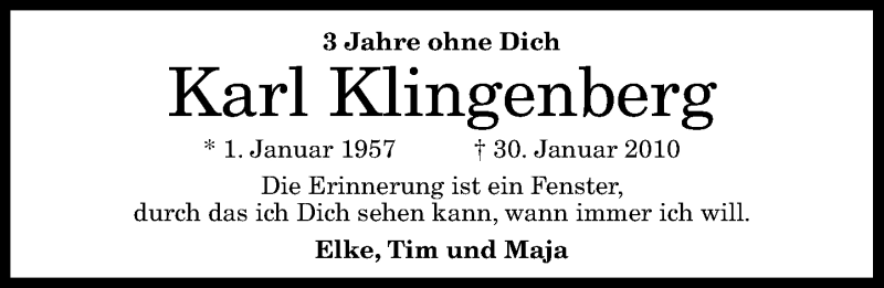  Traueranzeige für Karl Klingenberg vom 30.01.2013 aus General-Anzeiger Bonn