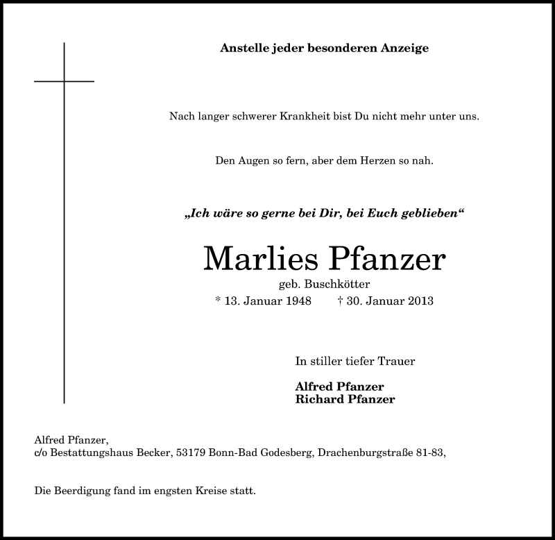  Traueranzeige für Marlies Pfanzer vom 09.02.2013 aus General-Anzeiger Bonn