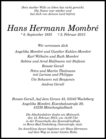 Anzeige von Hans Hermann Mombre von General-Anzeiger Bonn