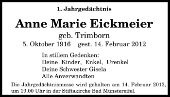 Anzeige von Anne Marie Eickmeier von General-Anzeiger Bonn
