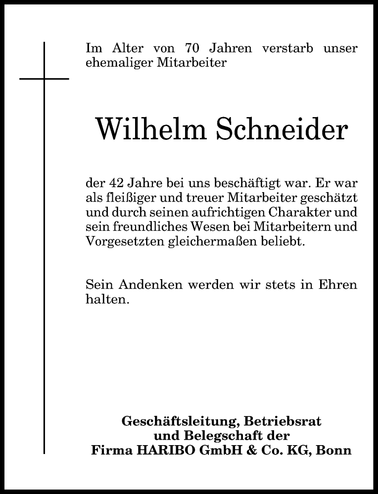  Traueranzeige für Wilhelm Schneider vom 16.02.2013 aus General-Anzeiger Bonn