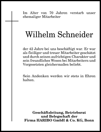 Anzeige von Wilhelm Schneider von General-Anzeiger Bonn