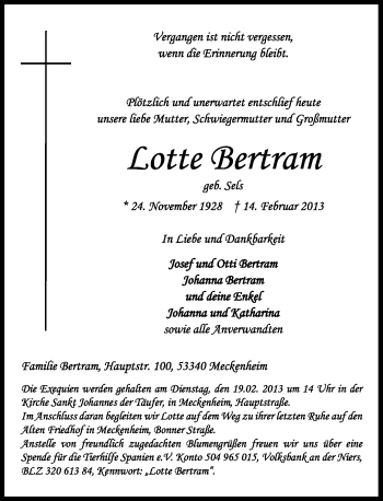 Anzeige von Lotte Bertram von General-Anzeiger Bonn