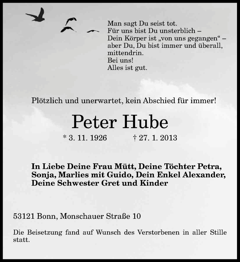  Traueranzeige für Peter Hube vom 16.02.2013 aus General-Anzeiger Bonn