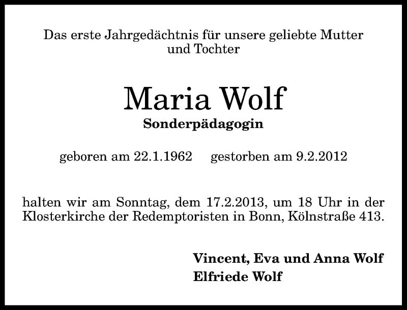  Traueranzeige für Maria Wolf vom 16.02.2013 aus General-Anzeiger Bonn