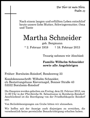 Anzeige von Martha Schneider von General-Anzeiger Bonn