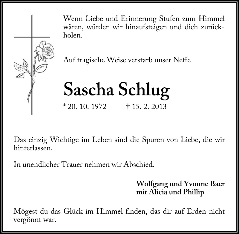  Traueranzeige für Sacha Schlug vom 23.02.2013 aus General-Anzeiger Bonn