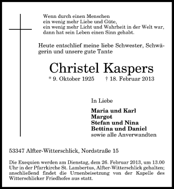 Anzeige von Christel Kaspers von General-Anzeiger Bonn