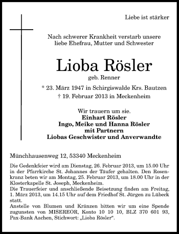 Anzeige von Lioba Rösler von General-Anzeiger Bonn