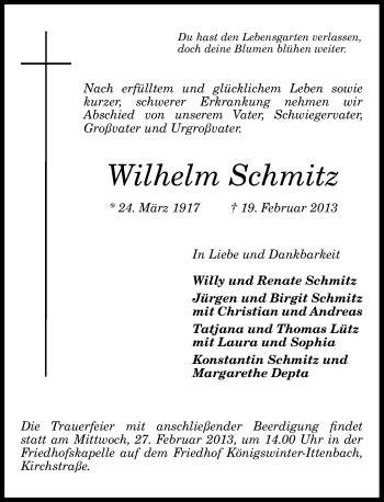 Anzeige von Wilhelm Schmitz von General-Anzeiger Bonn