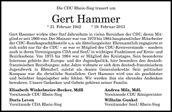 Anzeige von Gert Hammer von General-Anzeiger Bonn