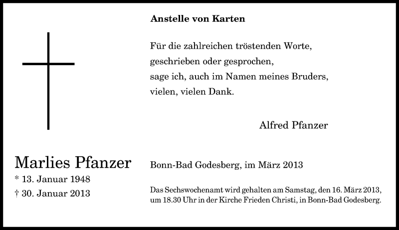  Traueranzeige für Marlies Pfanzer vom 02.03.2013 aus General-Anzeiger Bonn