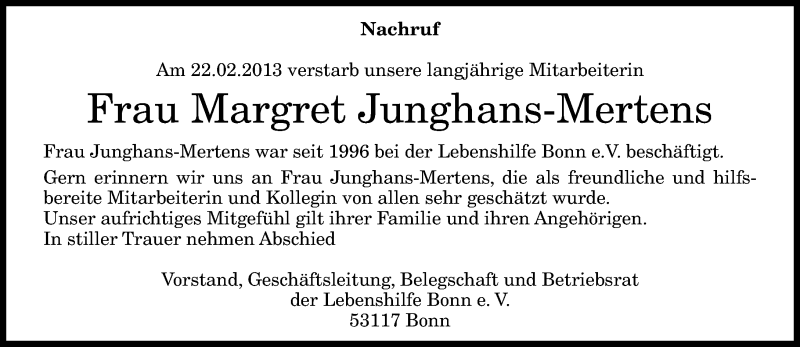 Traueranzeigen von Margret Junghans Mertens GA Trauer.de