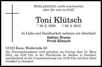 Anzeige von Toni Klütsch von General-Anzeiger Bonn