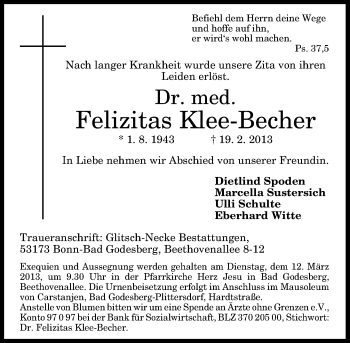 Anzeige von Felizitas Klee-Becher von General-Anzeiger Bonn
