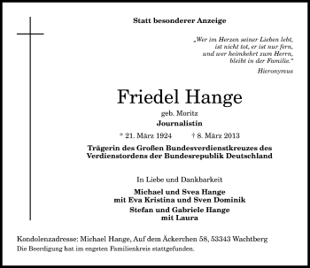 Anzeige von Friedel Hange von General-Anzeiger Bonn