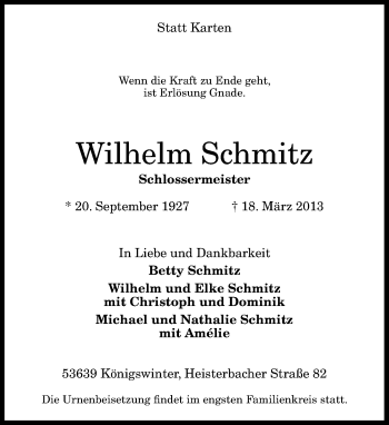 Anzeige von Wilhelm Schmitz von General-Anzeiger Bonn